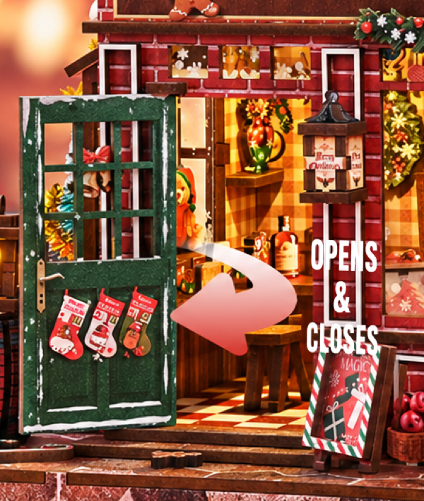 The green front door swung open, with stockings hung on the inside
